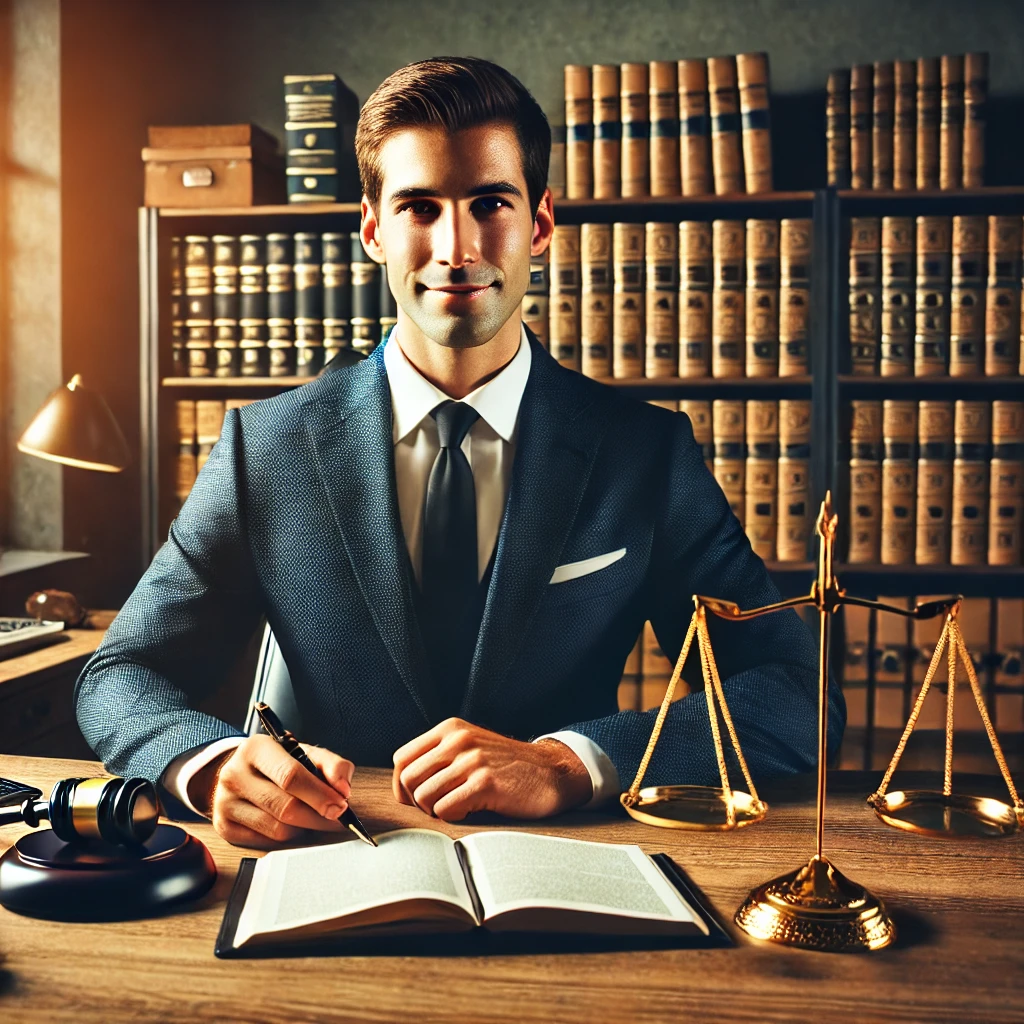 A professional lawyer's office with a confident lawyer in formal attire sitting at a desk, a scale